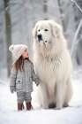 Little girl and great Pyrenees dog in snow. AI Generated. Art Print